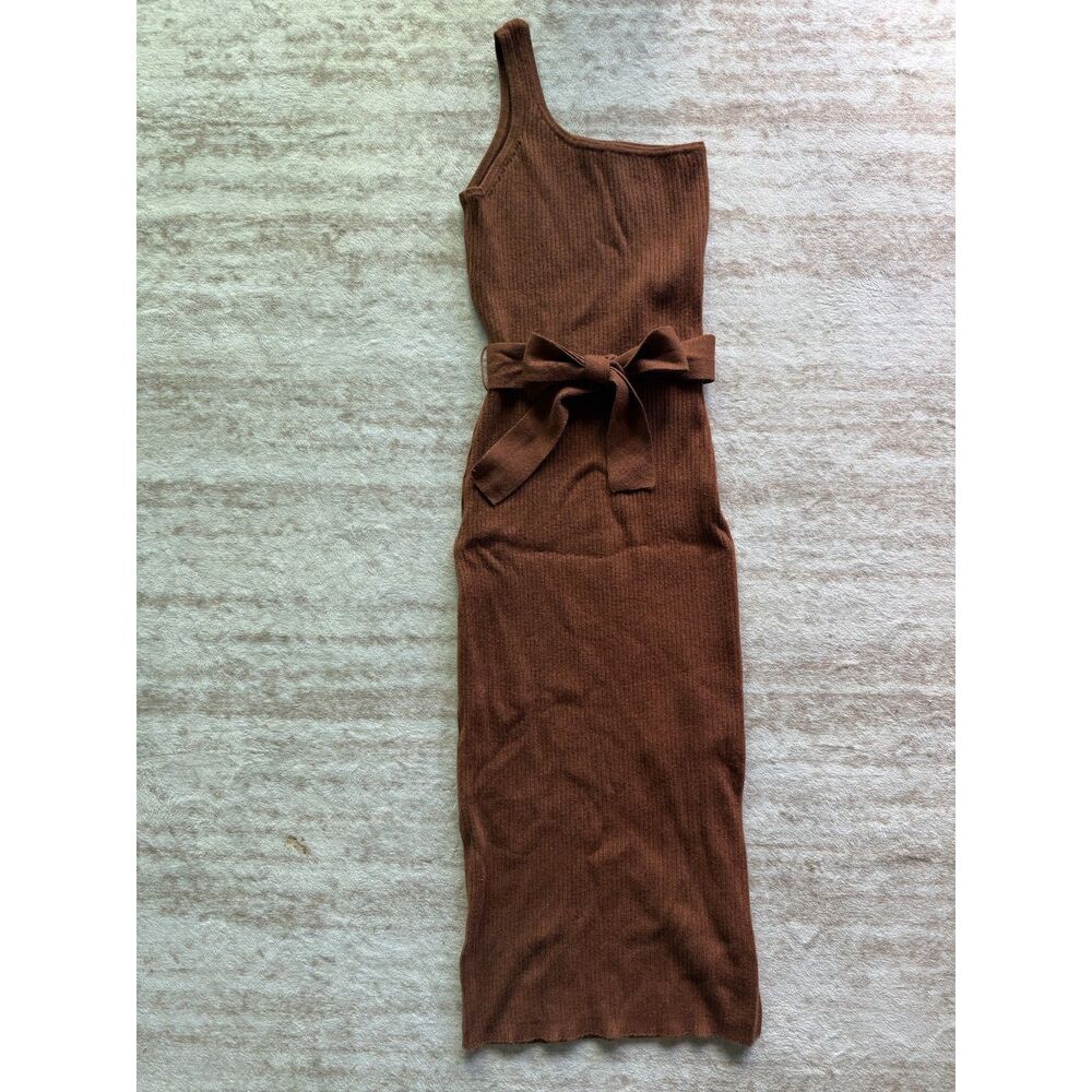 JustFab Ribbed Knit Midi Dress Brown Tie Waist Bodycon Sleeveless Size S
